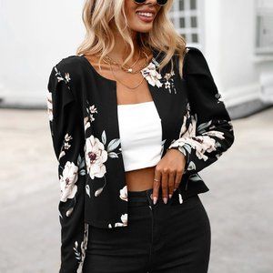New Floral Print Gigot Sleeve Jacket Black